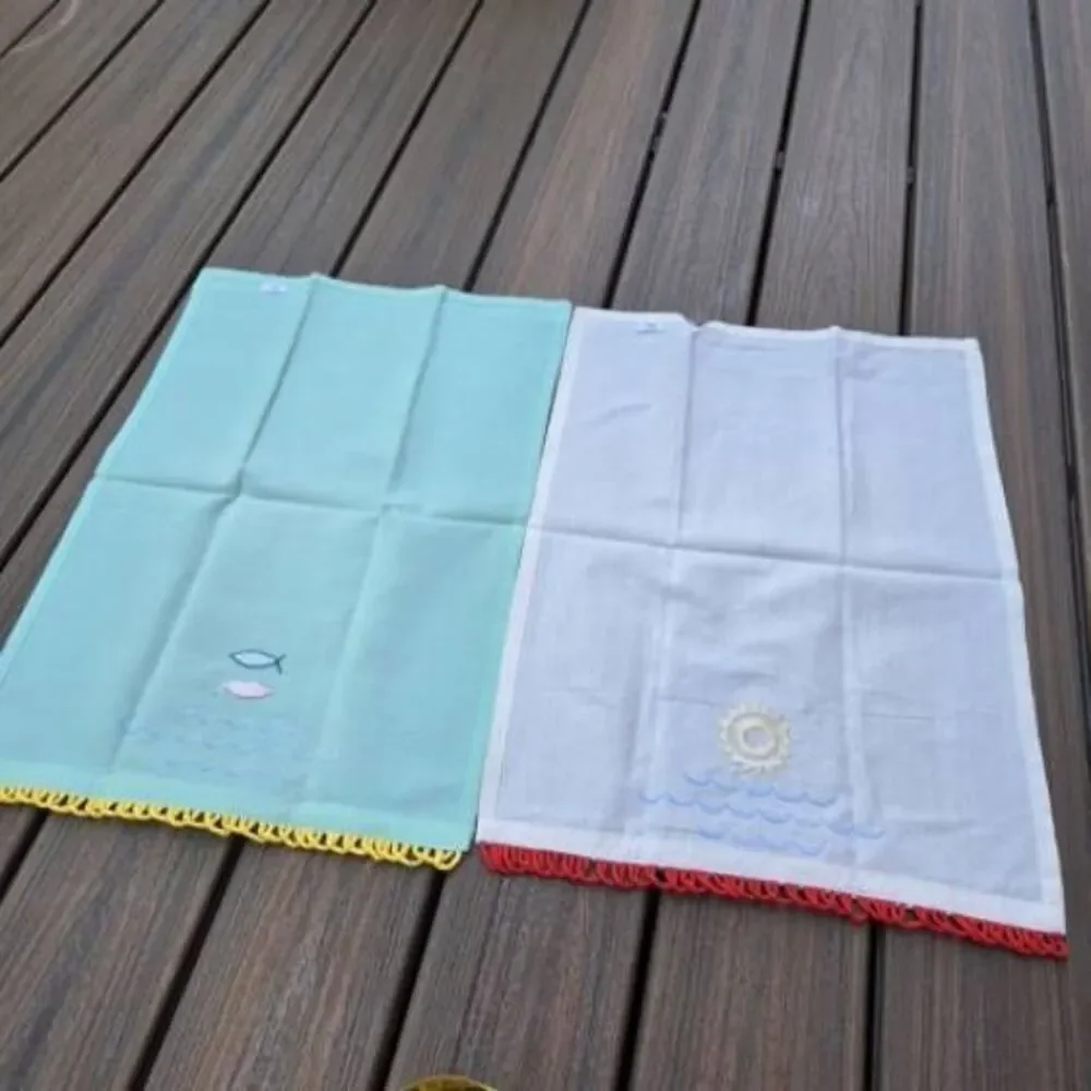 Sun & Sea Waves style tea kitchen towels cotton white teal red fish